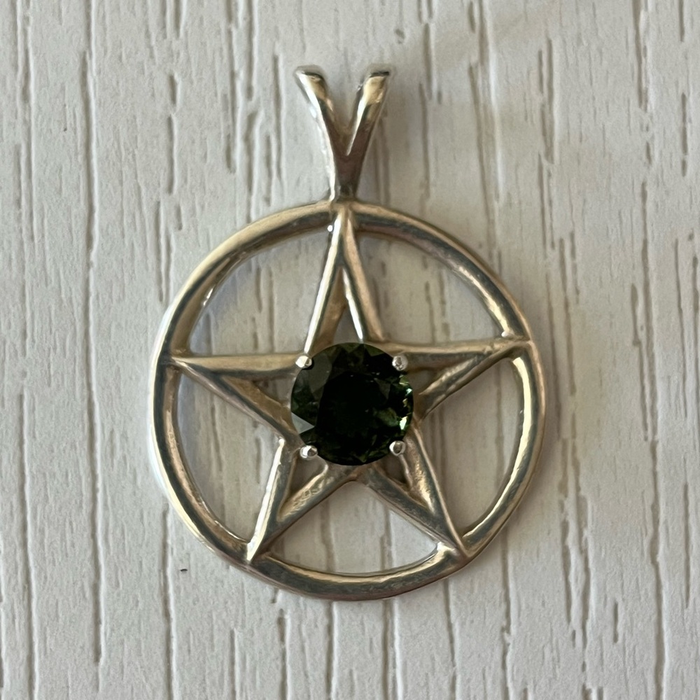Sterling silver pentagram with authentic faceted moldavite